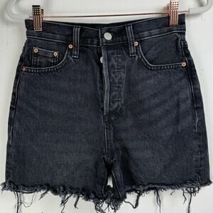 Aritzia Denim Forum Black Hi Rise Button Fly Yoko Mid Thigh Raw Hem Denim Shorts